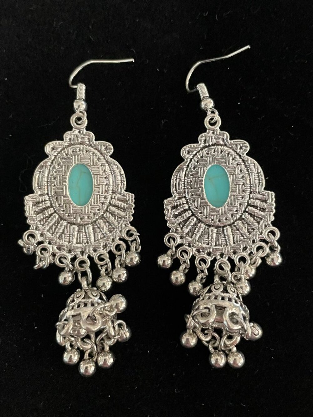Southwestern Faux Turquoise and Silver Metal Pierced Earrings - Picture 4 of 4